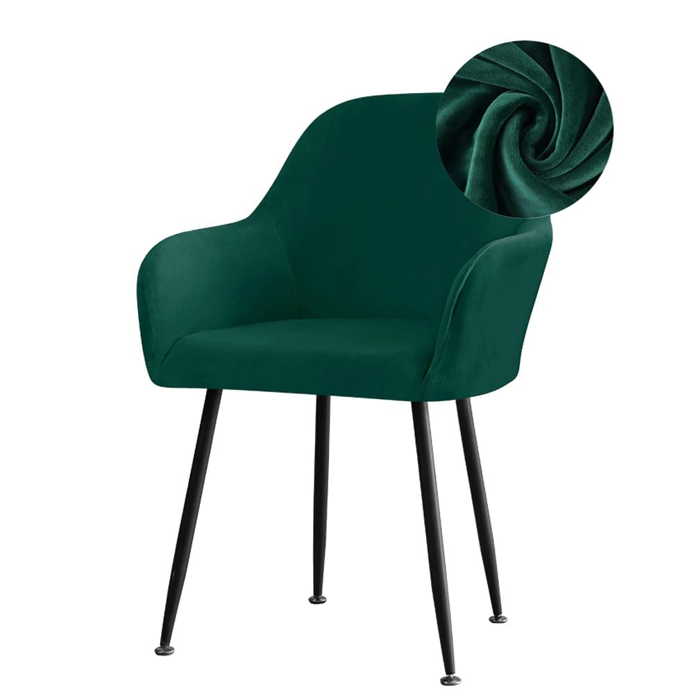 Highdi Stretch Dining Chair Covers Velvet Curved Back Chair Slipcovers with Armrest, Vanity Swivel Armchair Cover Removable Washable for Dining Room Wedding Party Hotel (Dark Green,1 PC)