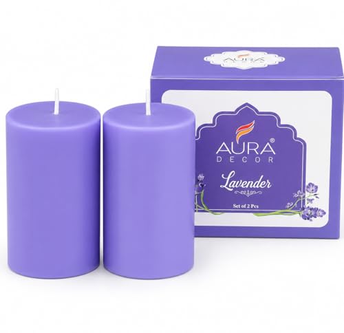 Image of AuraDecor Lavender Scented Pillar Candles Set of 2 | 25 Hours Burn Time | Essential Oil | Smokeless & Long Clear Burn | Paraffin Wax | Aromatherapy Candles for Home Decor, Relaxation & Gifting