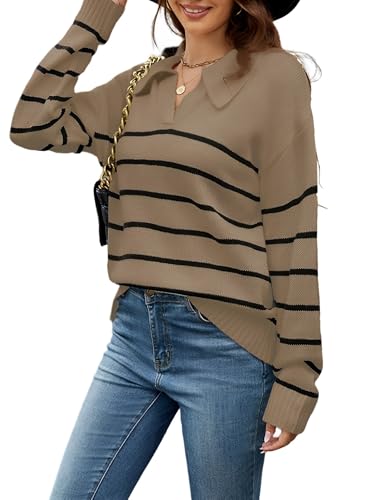 Image of Women's Fall Striped Oversized Sweater Winter Fashion Knit V Neck Pullover Tops Trendy 2024(XL, Brown)