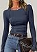 Women's Long Sleeve Shirts Exposed Seams Ribbed Basic Tops Stretch Slim Basic Crop Tee Spring Fall Fashion Trendy Tshirt (Navy Blue,XX-Large)