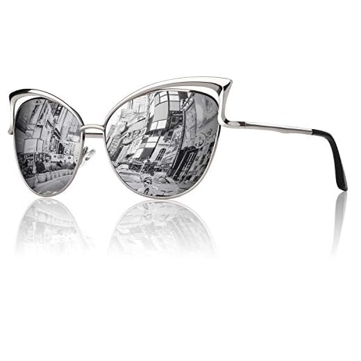 Óculos de sol femininos GQUEEN com armação de metal polarizada grande espelhado para olho de gato MT3, B Silver Frame/Silver Mirrored Lens, Large