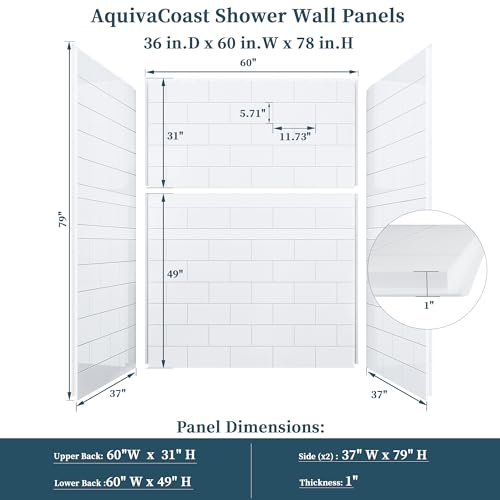 AquivaCoast Shower Wall Panels, 36D x 60W x 78H, 1" Thick Solid Surface 4-Panel Shower Surround Kit, Waterproof, Glossy White Subway Tile Design, Drill Installation Required
