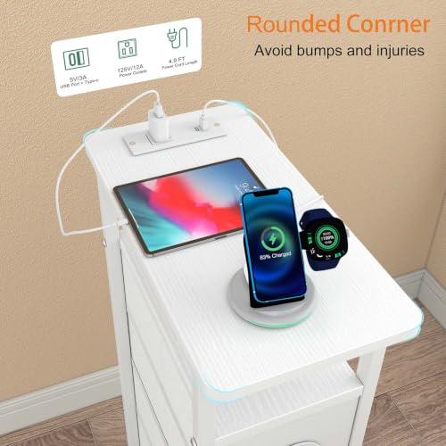 sthmec Side Table with Charging Station, Narrow End Table with 4 Drawers, Small Nightstands with Fabric Drawers,Slim Sofa Couch Side Tables for Small Spaces,Living Room,Bedroom, White by sthmec - Used condition - Image 3