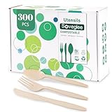 Compostable Utensils, Light Brown Plastic Silverware, Compostable Cutlery 100 Forks 100 Spoons 100 Knives, No Plastic Disposable Silverware, Eco Friendly Disposable Cutlery for Party Office Wedding