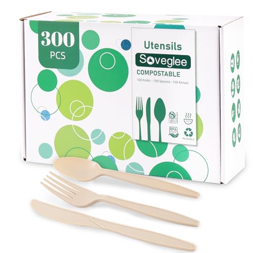 Compostable Utensils, Light Brown Plastic Silverware, Compostable Cutlery 100 Forks 100 Spoons 100 Knives, No Plastic Disposable Silverware, Eco Friendly Disposable Cutlery for Party Office Wedding