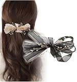 [Herbeluemily] ヘアクリップ リボン 髪留め ビーズ シフォン シアー フォーマル ブラック HM-0055-R08-BK