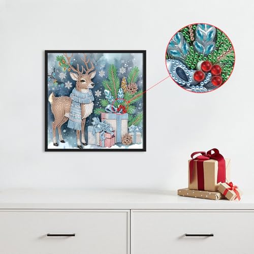 Image of Elk Deer Christmas Diamond Art Painting Kits for Adults, 5D Special Shape Diamond Art Kits for Beginners, Crystal Rhinestones Diamond Painting for Home Wall Christmas Decoration Gift 11.8x11.8 inch