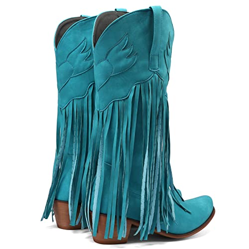 Meefit Women Fringe Cowboy Boots Square Toe Mid Calf Embroidered Western Boots,Tassel Cowgirl Boots Stacked Heel Retro Boots4