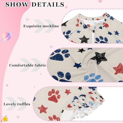 ALAZA Dog Paw Print Star Blue Red Girls One Piece Swimsuit Long Sleeve Rashguard Swimsuit UV 50+ Swimwear Zip4