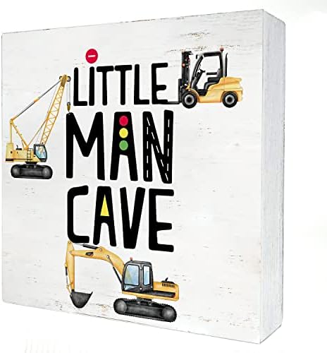 Construction Nursery Little Man Cave Wood Box Sign Construction Truck Transportation Vehicle Wooden Box Sign Plaque for Wall Desk Home Boys Room Decoration