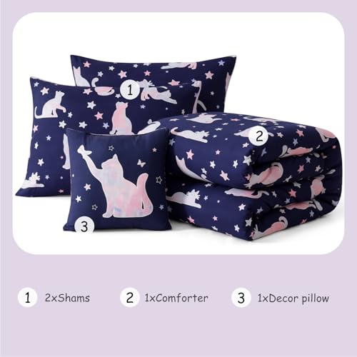 Full Size Comforter Set for Girls-4 Pieces Cat Patterns Full Bedding Set with 1 Comforter, 1 Decor Pillow &2 Pillow Shams