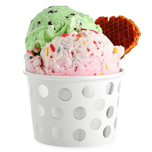 50 Pack Paper Ice Cream Cups For Frozen Yogurt, Disposable Dessert Bowls With Silver Foil Polka Dots (8 Oz) #TOP6