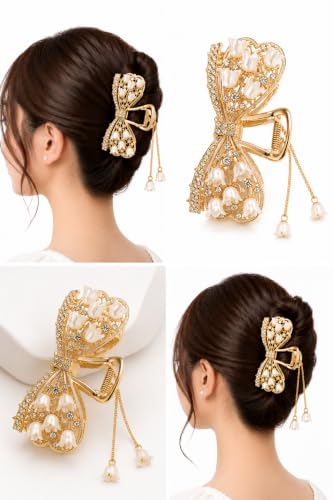 Image of Diversa Rhinestone Golden Claw Clip, Embellished Korean Clutcher, Non- Slip Metal Claw Clip for Girls, Fancy Clutcher for Women, Pack of 1 (Bow)