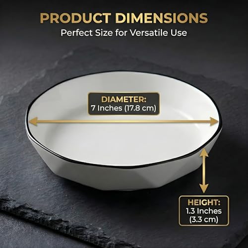 Image of Premium White Ceramic Pasta Dishes Set of 4, 7-Inch Large Shallow Salad Plates with Elegant Black Rim, Modern Geometric Faceted Design, Stackable, Microwave & Dishwasher Safe Dinnerware