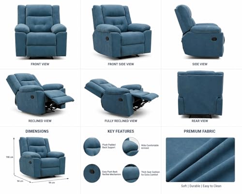 Image of Premium Velvet Manual Recliner Chair - 1 Seater with Extended Footrest and Ergonomic Lumbar Support (Blue)