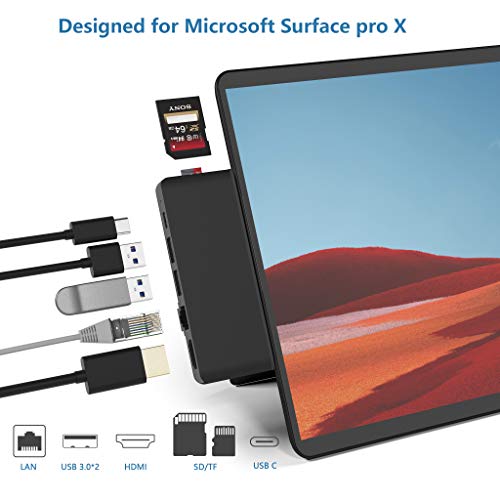 Bawanfa Estación de acoplamiento Surface Pro X Hub, adaptador con 4K HDMI, LAN Gigabit Ethernet de 1000 Mbps, audio USB C, 2 USB 3.0, lector de tarjetas SD / TF para Microsoft Surface Pro X
