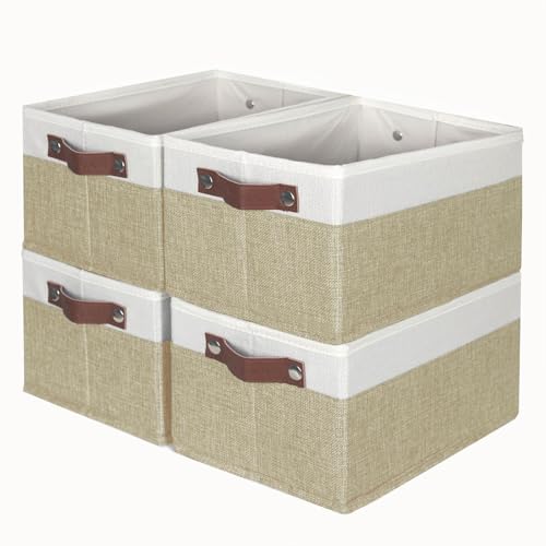 Febzoce Kleine Aufbewahrungsbox, Aufbewahrungskörbe für Regale, zusammenklappbare offene Stoffbehälter für Zuhause und Büro, weiß und braun, 4 Stück