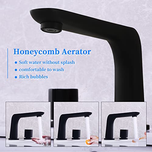 SKOWLL Matte Black Bathroom Faucet, 2 Handle Widespread Washroom Faucets, Modern Deck Mount Vanity Sink Faucet 3 Hole with 360° Swivel Spout Aerator by Dr Faucet - Used condition - Image 6