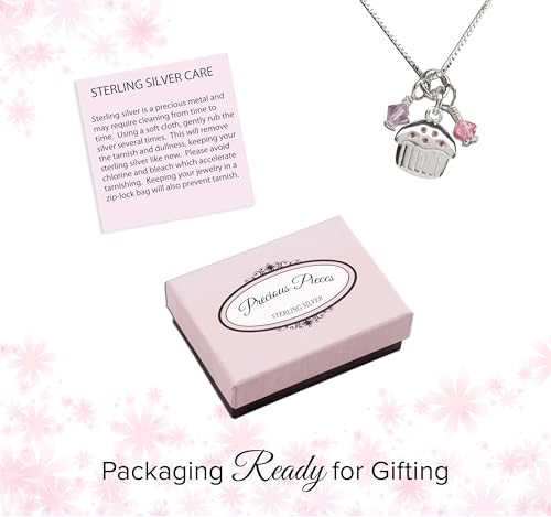 Precious Pieces Children's Sterling Silver Birthday Cupcake Necklace with High-End Crystal Charms, 14"4