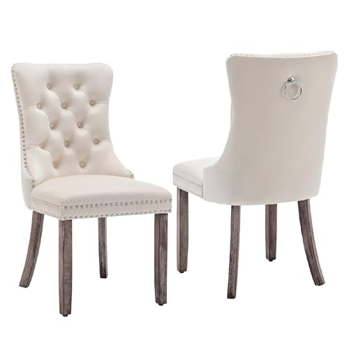 Image of Velvet Dining Chairs, Tufted Kitchen & Dining Room Chairs, Beige, Set of 2