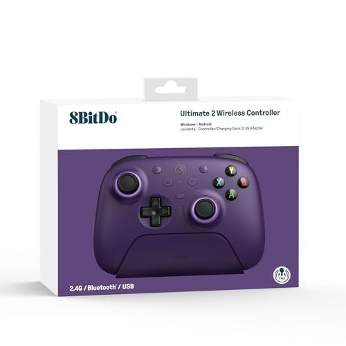8Bitdo Ultimate 2 Wireless Controller for Windows & Android, Gaming Controller with TMR Joysticks, Switchable Hall Effect/Tactile Triggers, Motion Control, RGB Fire Ring, 8Speed Wireless Tech, Purple