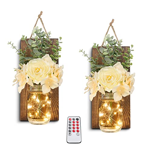 HOMKO Rustic Wall Decor, Mason Jars Wall Sconces with Remote LED Lights, Hanging Kitchen Bathroom Bedroom Decor (Set of 2) - Dark Brown