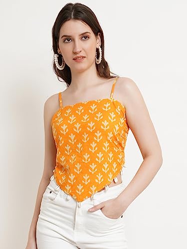 Image of POPWINGS Casual Hankie Cotton Sustainable Bagru Print Crop Top for Women || Square Neck Crop Top for Women || Sleeveless Crop Top for Women || Cotton Women Crop Top for Summer