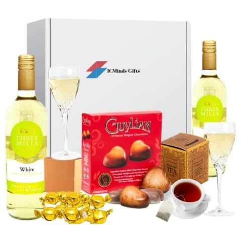 Chocolate hearts sweets and wine gift set - Guylian chocolates gift box for Valentines gift for him - Valentine gift for her - Mothers day gifts with english breakfast tea bags (2 x white wine) Cover