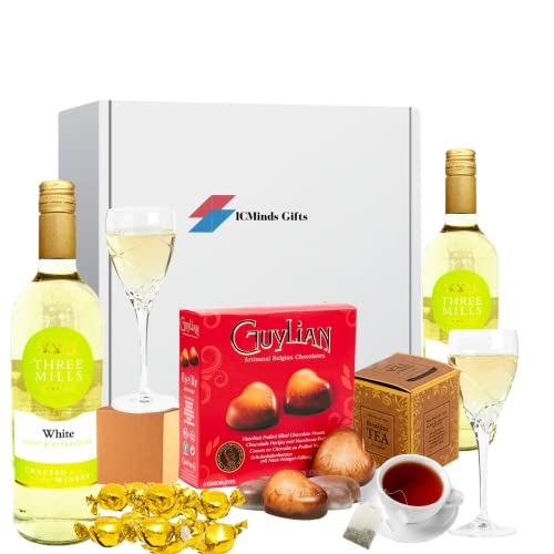 Chocolate hearts sweets and wine gift set - Guylian chocolates gift box for Valentines gift for him - Valentine gift for her - Mothers day gifts with english breakfast tea bags (2 x white wine)