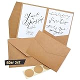 Japun - 50 Pocketfold blanko Kraft-Papier Karten inkl. Briefumschläge, Hochzeit, Einladung, gestalten, beschriften ... - DIN A6 / C6-300 g/m²