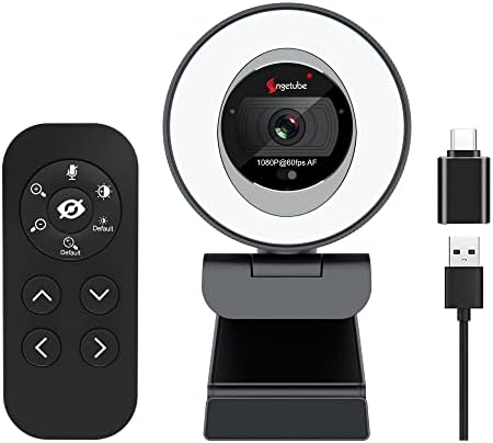 Zoomable Webcam with Remote, 60FPS 1080P Streaming Webcam with Ring Light Adjustable Brightness 5X Digital Zoom Dual Stereo Mics and Privacy Cover for Zoom/Skype/Teams/Webex, Mac Windows
