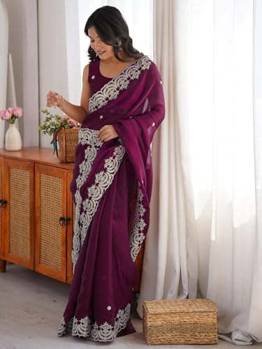 Image of SIRIL Women's Tissue Silk Sequence Embroidery Saree With Unstitched Blouse Piece