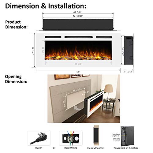 Puraflame Alice 50 Inches Recessed Electric Fireplace, Flush Mounted For 2 X 6 Stud, Log Set & Crystal, 1500W Heater, White #TOP5