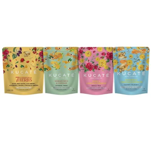 Pack de 4 Thés aux Herbes, Fleurs, Fruits Secs et Sucre de Roche - 31 sachets au total - Detox Longane, gingembre, miel, rose, chrysanthème, goji, dattes rouges, mûres, raisins secs