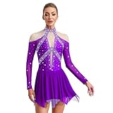 Zaldita Disfraz de patinaje artístico para mujer, disfraz de tul para bailar latinoamericano, ballet, manga larga, trajes para patinaje artístico, morado, S