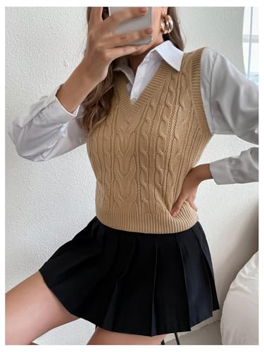 Image of Milumia Women's Cable Knit V Neck Sweater Vest Sleeveless Ribbed Crop Tank Top