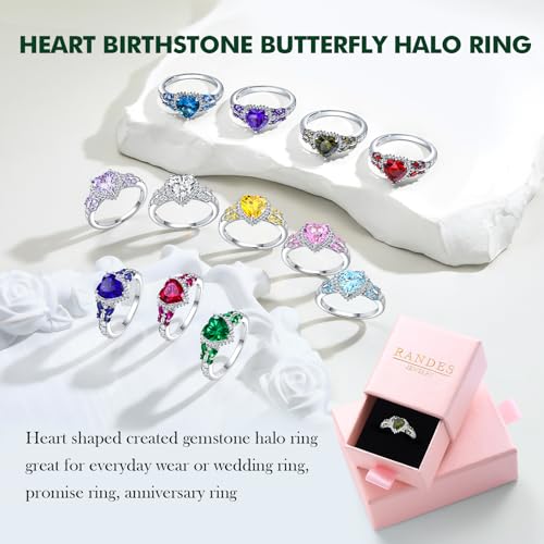 Sterling Silver Butterfly Birthstone Rings for Women, 3 Carat Created Gemstone Diamond Heart/Pear Engagement Halo Ring, Promise Rings for Her, Wedding Anniversary Jewerly Size 6 to 104