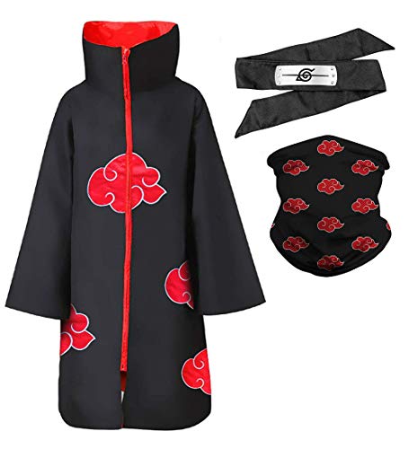 Anime Akatsuki Cloak Halloween Ninja Cosplay Costume Uniform with Anime Face Mask and Akatsuki Forehead