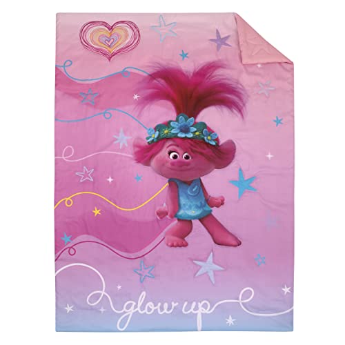 Image of NoJo DreamWorks Trolls Show Up Glow Up Pink and Blue, Hearts and Stars 4 Piece Toddler Bed Set - Comforter, Fitted Bottom Sheet, Flat Top Sheet, and Reversible Pillowcase