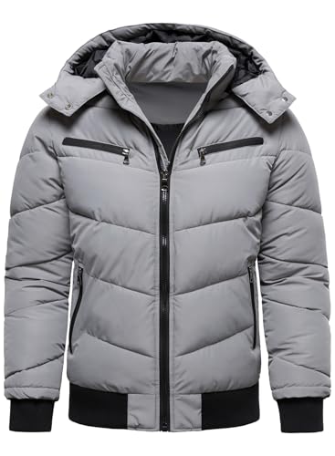 HOOD CREW Men’s Winter Coats Windproof Thicken Padded Parka Warm Puffer Jackets with Removable Hood Grey M