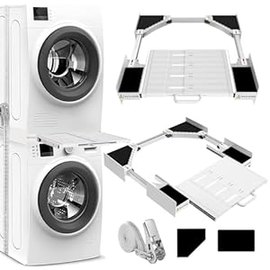 NIUXX Universal Zwischeneinbaurahmen Set für Waschmaschine und Trockner, Waschmaschinen Verbindungsrahmen Kit mit Regalbrett, Stapelbausatz mit Ratschenseil, Zwischeneinbausatz für Waschküche