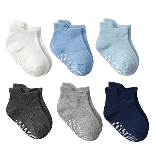 6 Pairs Baby Girls Boys Socks Kids Toddler Non Slip Ankle Socks with Grips Infant Solid Floor Socks (A1-A, One Size)