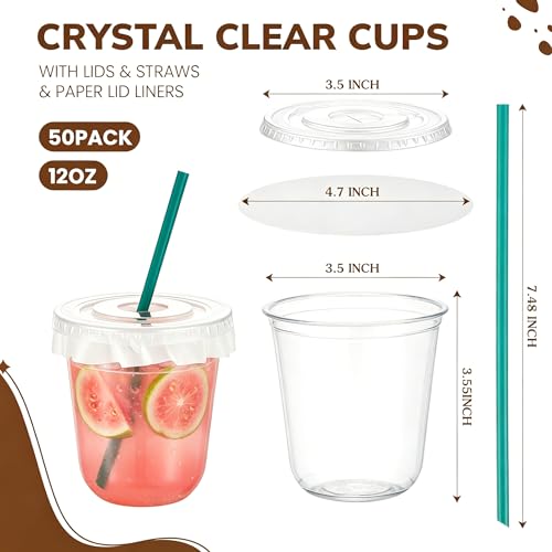 50 Sets Clear Plastic Cups with Lids, Straws, and Paper Cap Liners - image 3