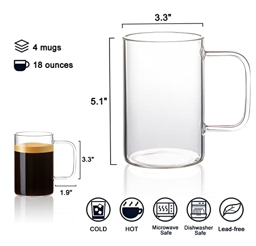 Aquach Glass Coffee Tea Mug 18 Oz Set Of 4, Large Clear Cup With Handle For Hot/Cold Beverage, Thicker Quality #TOP1