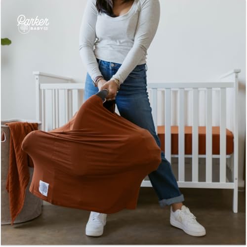 Image of Parker Baby 4 in 1 Car Seat Cover for Girls and Boys - Stretchy Carseat Canopy, Nursing Cover, Grocery Cart Cover, High Chair Cover - inchClay inch
