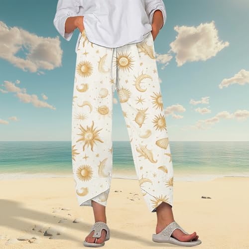 Image of DMOYALA Linen Pants for Women Summer Casual Wide Leg Capri Pants Loose Fit Palazzo Pants Cropped Beach Pants with Pockets