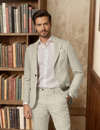Men's 2 Pieces Linen Suits Casual Lightweight Summer Beach Groom Wedding Suit Linen Blazer Pants Set4