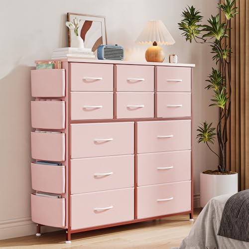 Image of Jojoka 12 Dresser for Bedroom, Chest of Drawers for Bedroom with Side Pockets and Hooks, Fabric Storage Dresser, Sturdy Steel Frame, Wood Top, Easy Pull Handle (Pink)