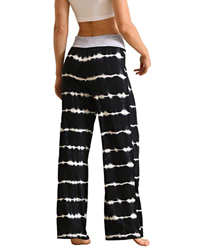 Newcosplay Women's Comfy Pajama Pants Casual Drawstring Palazzo Lounge Wide Leg Pants (Stripe-Black, X-Large) #TOP2
