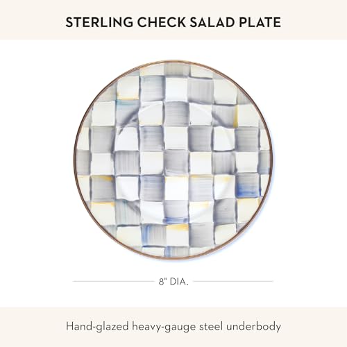 MACKENZIE-CHILDS Enamel Salad and Dessert Plate, Small Plate for a Dessert or Appetizer Dish, 8 Inches, Gray-and-White Sterling Check